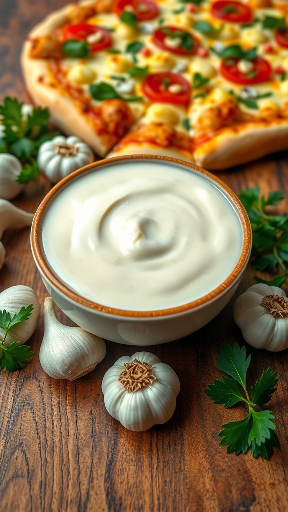 Creamy garlic white sauce in a bowl with garlic cloves and parsley, with pizza in the background.